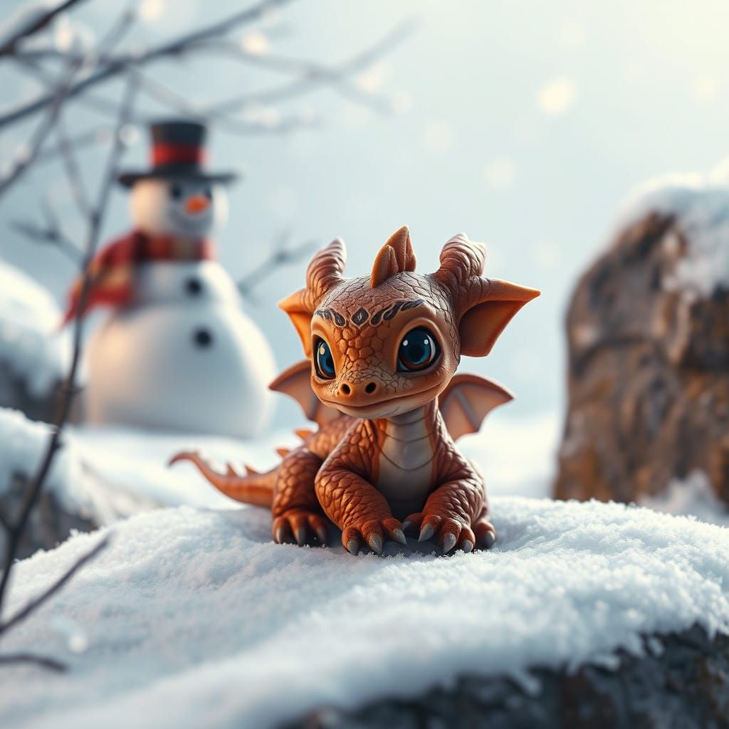 Whimsical Baby Dragon Winterscape in Fantasy Art Style