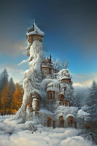 Snowy Forest Castle: Matte Painting in Winter