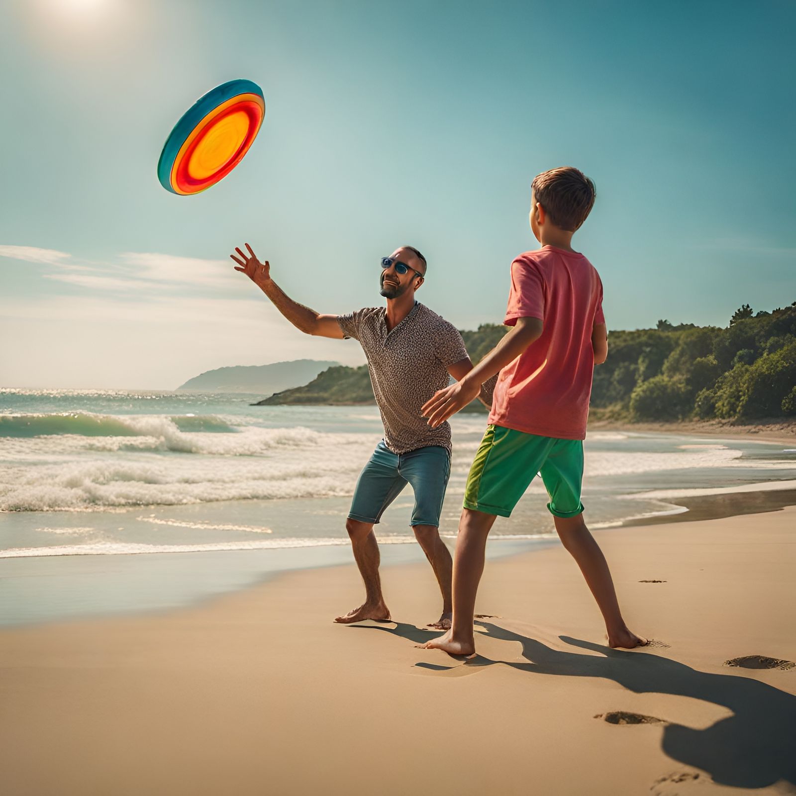 Father and Son Playing Frisbee on Beach