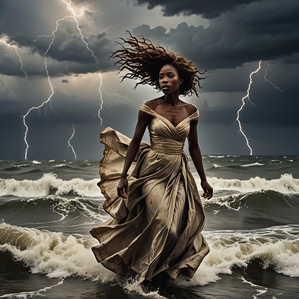 African Woman in Storm: Cinematic HDR Photograph