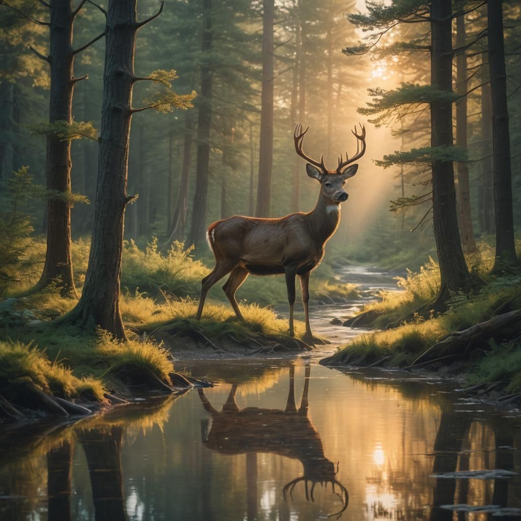 Dawn in Forest Clearing with Deer