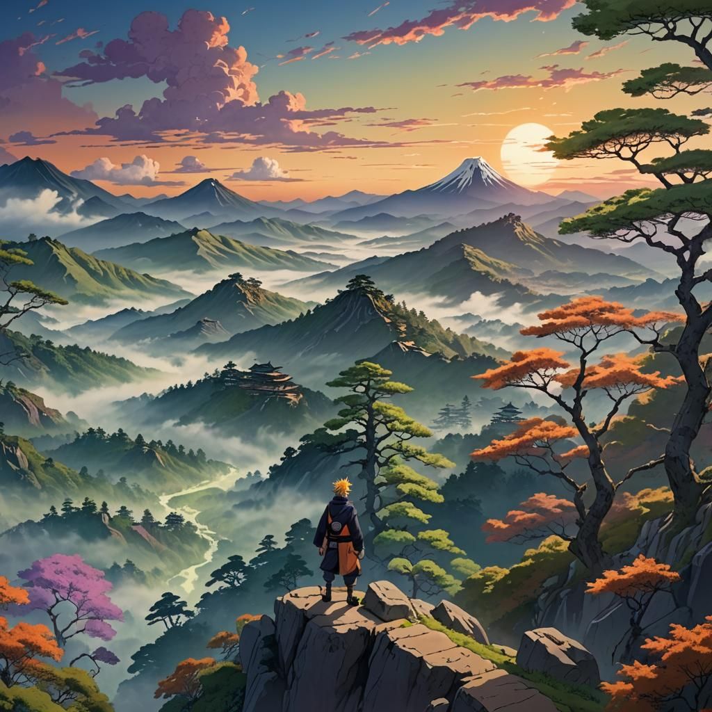 Naruto Overlooking Valley in Hokusai Style