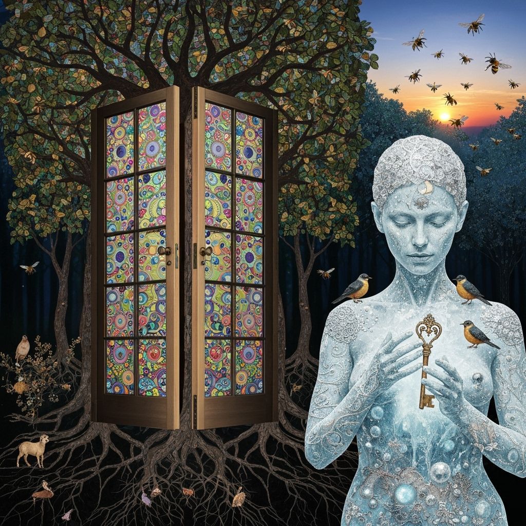 Surreal Fragmented Doors Blossom in Dark Forest at Sunset