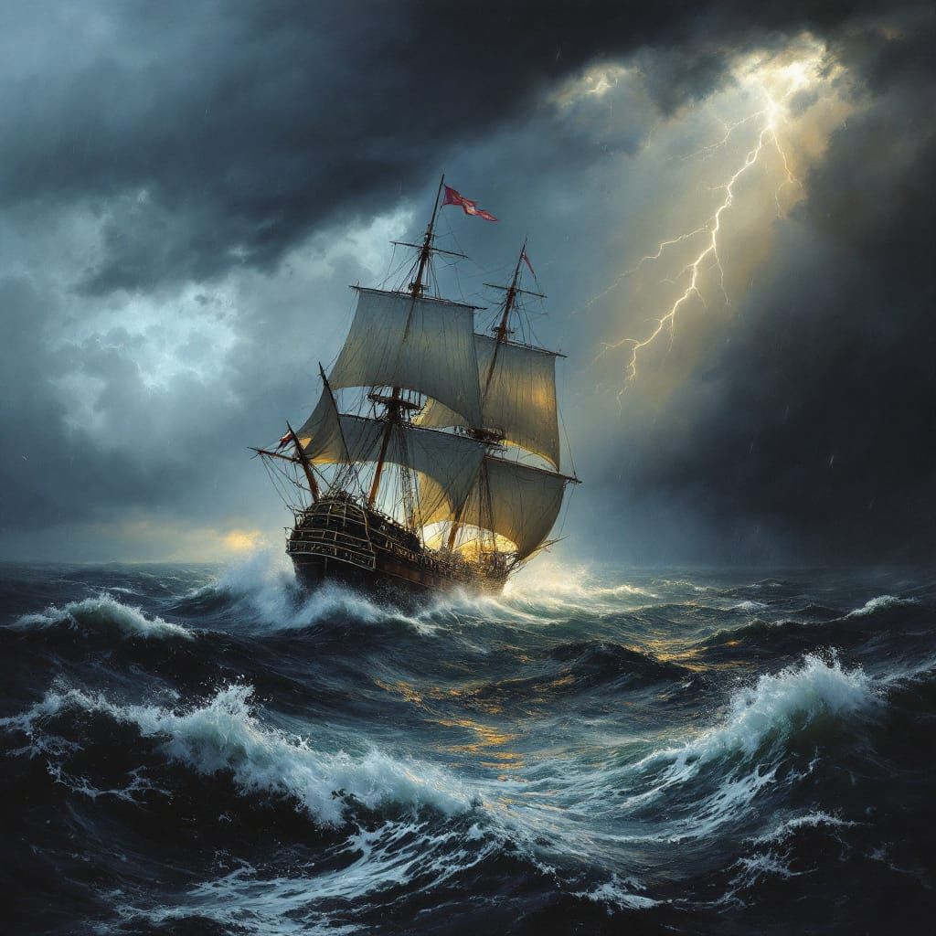 Ship Sails Through Stormy Sea in Romantic Style