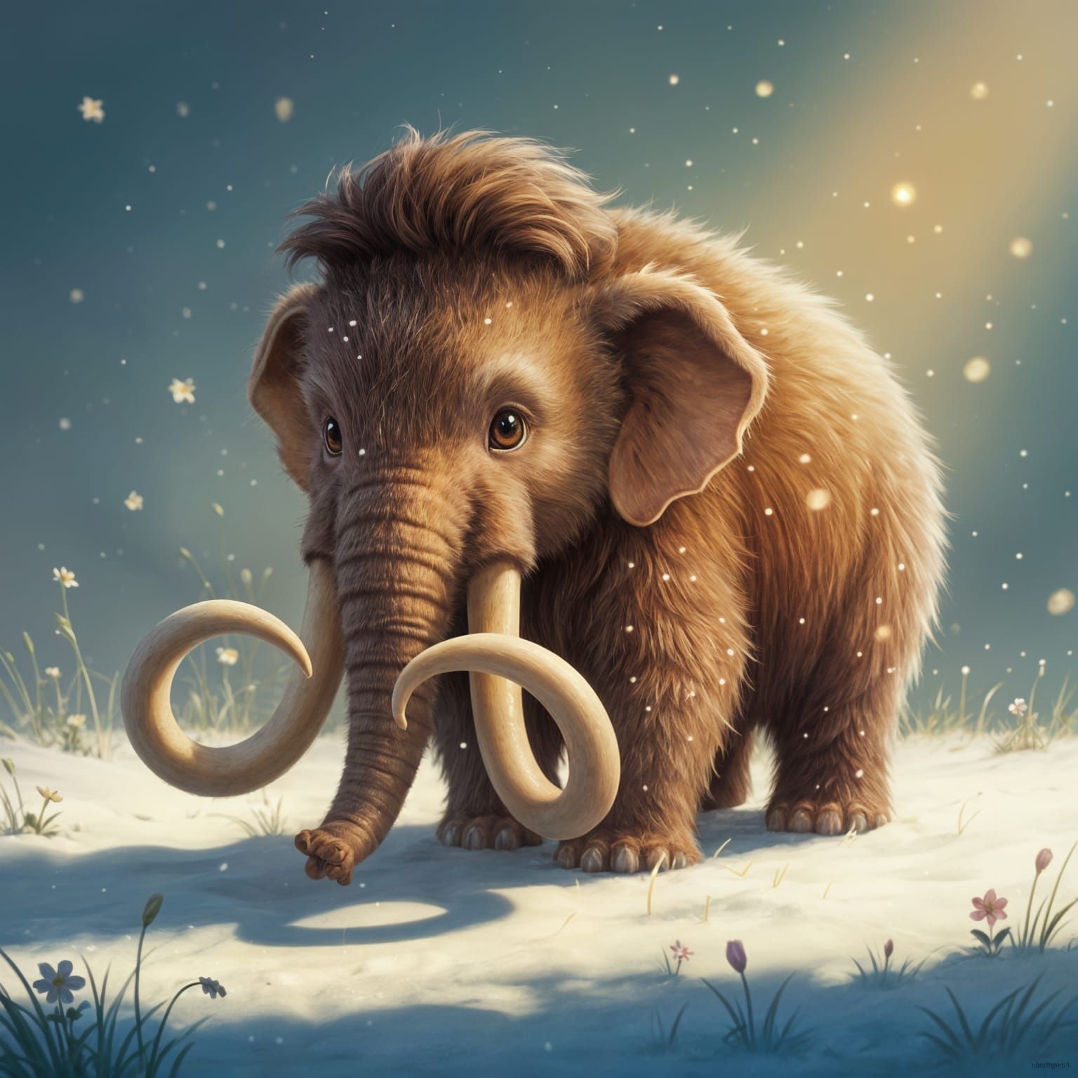 Cute Mammoth Cub in Snowy Meadow, Ghibli Style