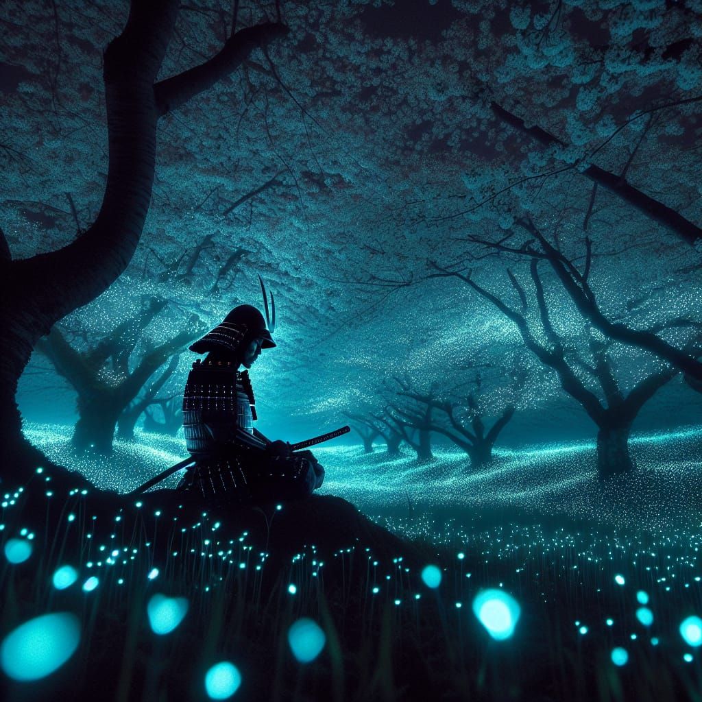 Samurai meditating as the fireflies fly
