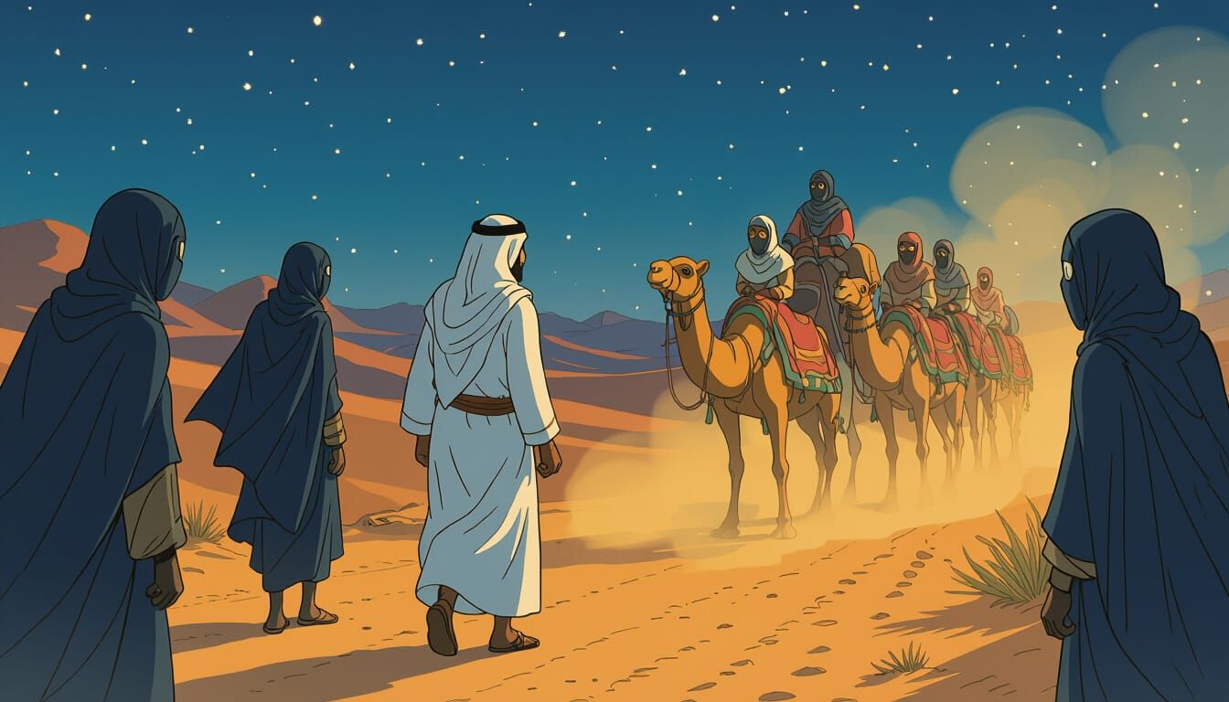 Ancient Desert Caravan Encounter in Cartoon Style