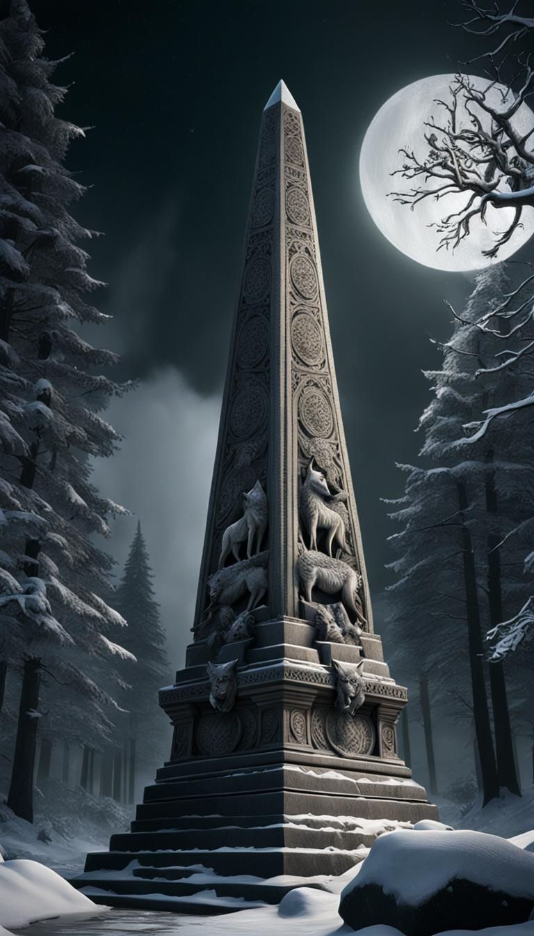 Majestic Wolf Obelisk in Winter Night