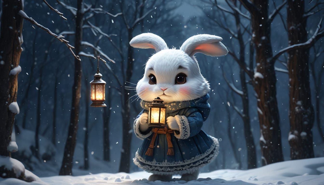 Chibi Bunny With Lantern in Snowy Forest