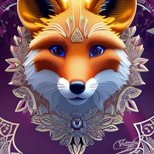 Adorable Fox in Art Nouveau Fire Swirls