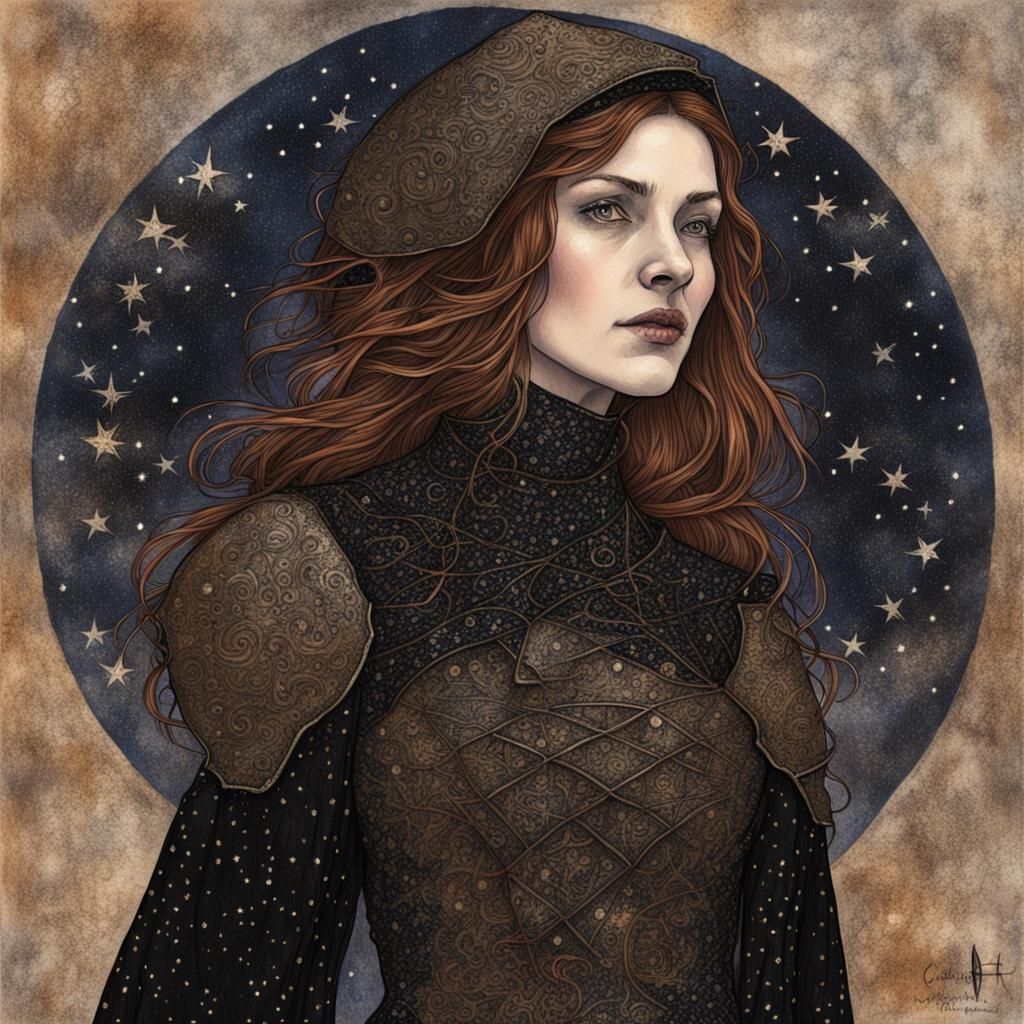 Medieval Witch Portrait with Bronze Armor and Lace