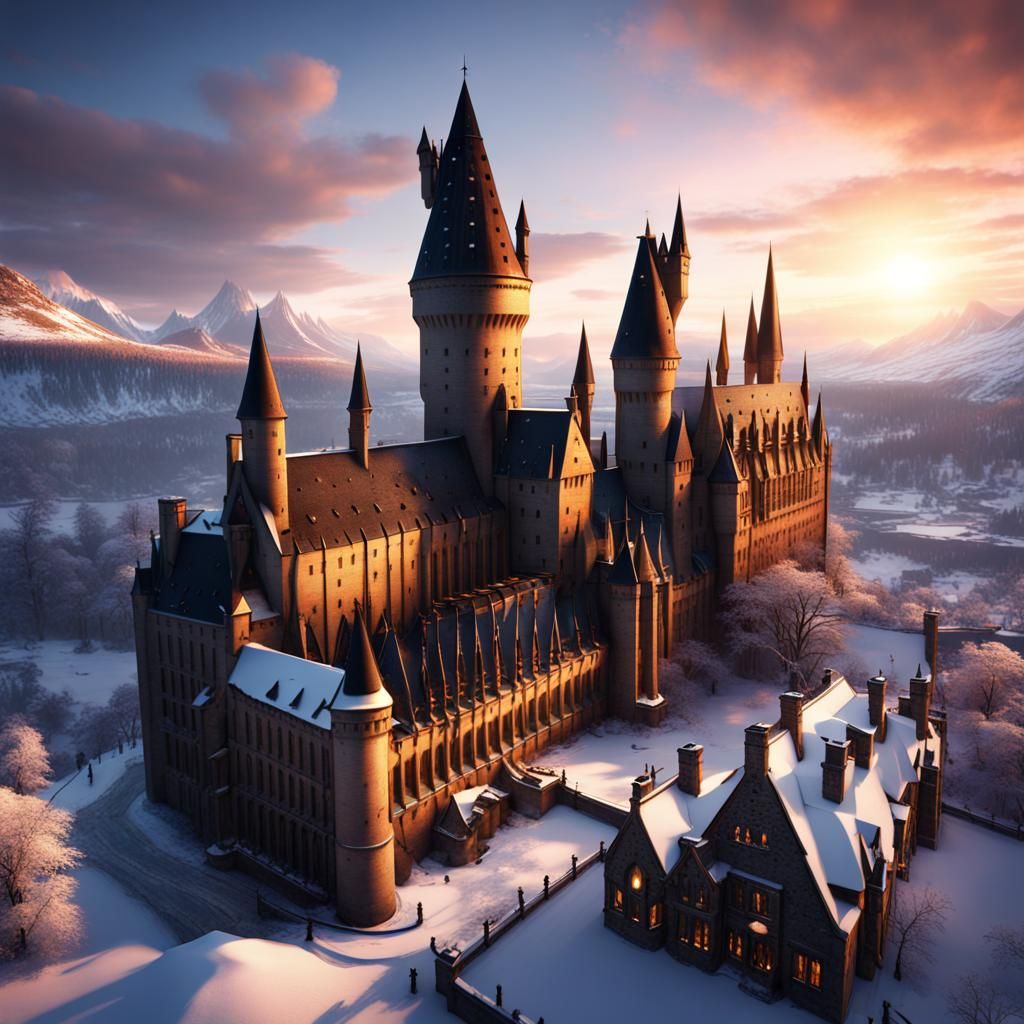 Winter Hogwarts at Sunset: Detailed Matte Painting