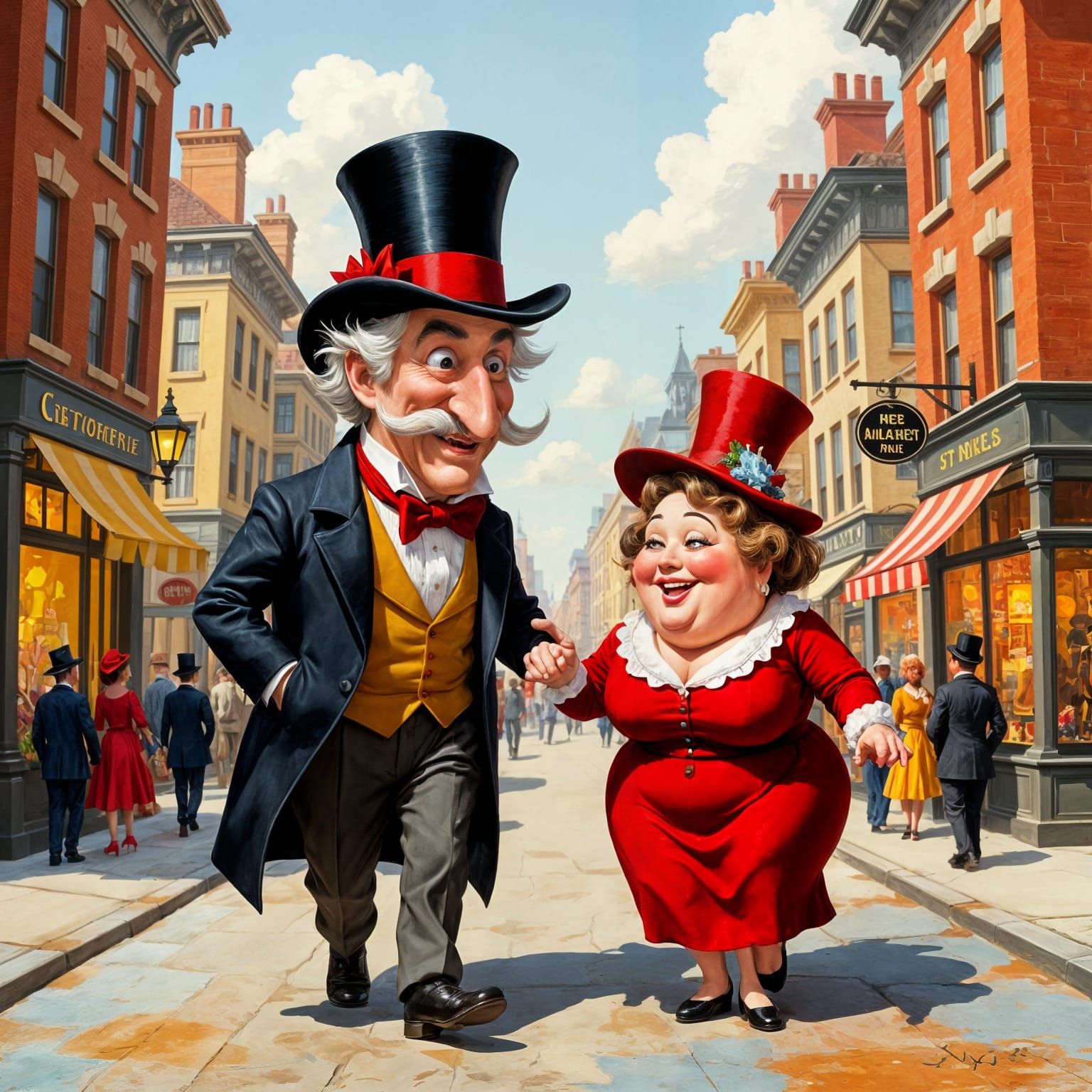 Romantic Era Street Scene with Caricature Characters