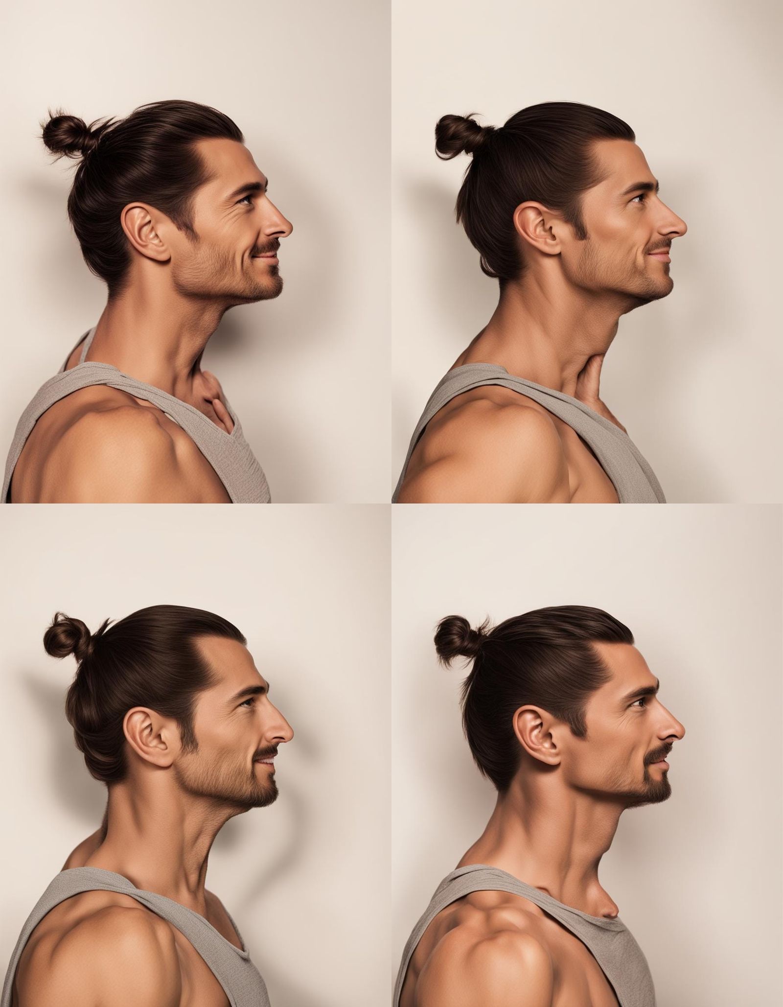 Side angle selfie on white background, tan male early 40’s with long hair put up in a high bun, attractive male with a s...