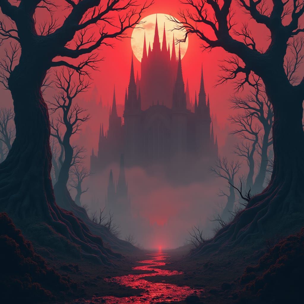 Eerie Landscape with Twisted Trees in Matte Painting Style