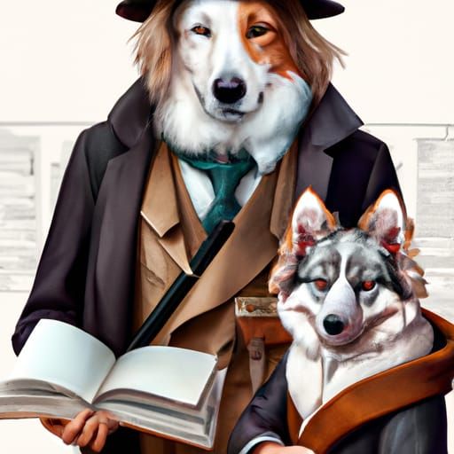 Scholarly Dog and Fox Portrait in Art Nouveau Style