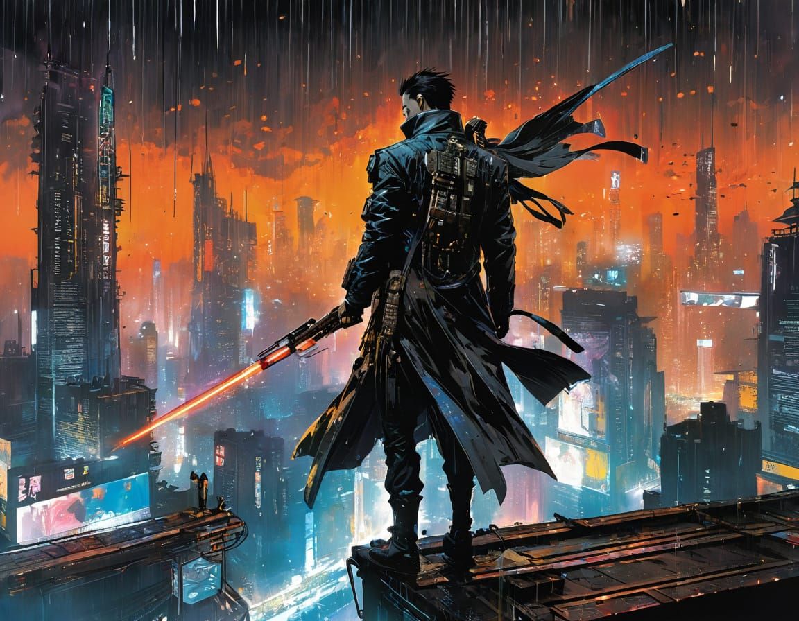 Cyberpunk Cityscape in Neon Rain