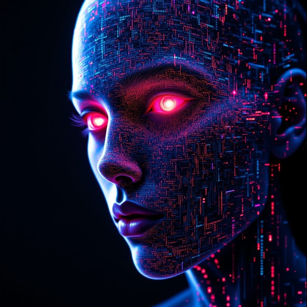 Electrical Data Stream Face in Neon Art