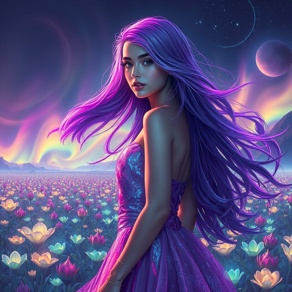 Woman with Purple Hair on Alien Planet in Hyperrealistic Sty...