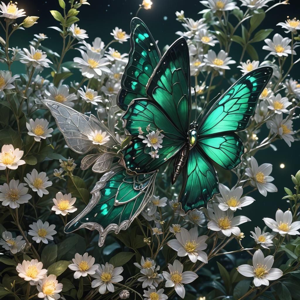 Emerald Butterfly on Silver Flower, Anime Style