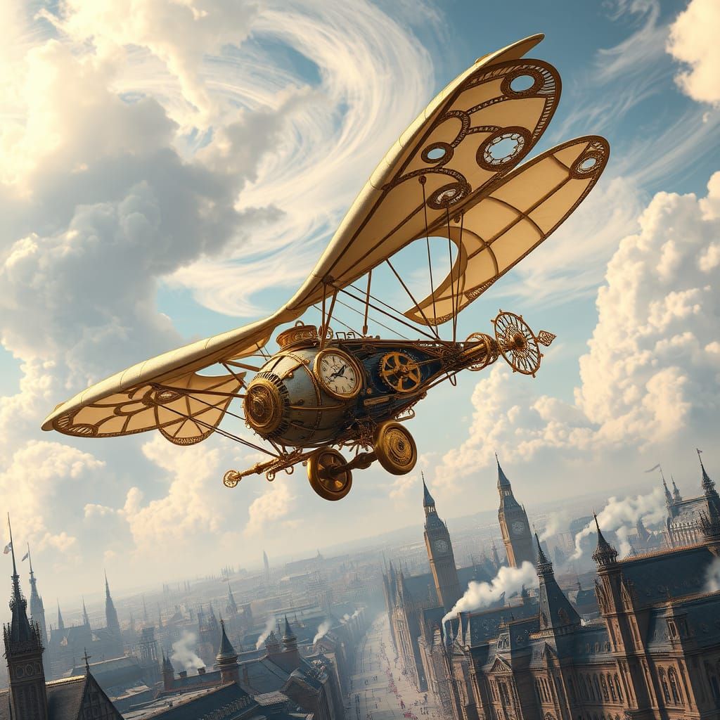 Steampunk Ornithopter Soars Through Cloudy Victorian Skies