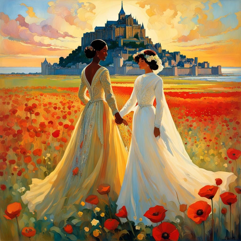 Lesbian Wedding in Art Nouveau Style with Poppies