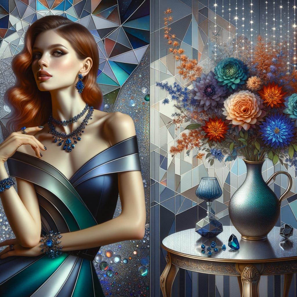 Elegant Woman in Geometric Composition with Twinkling Stars