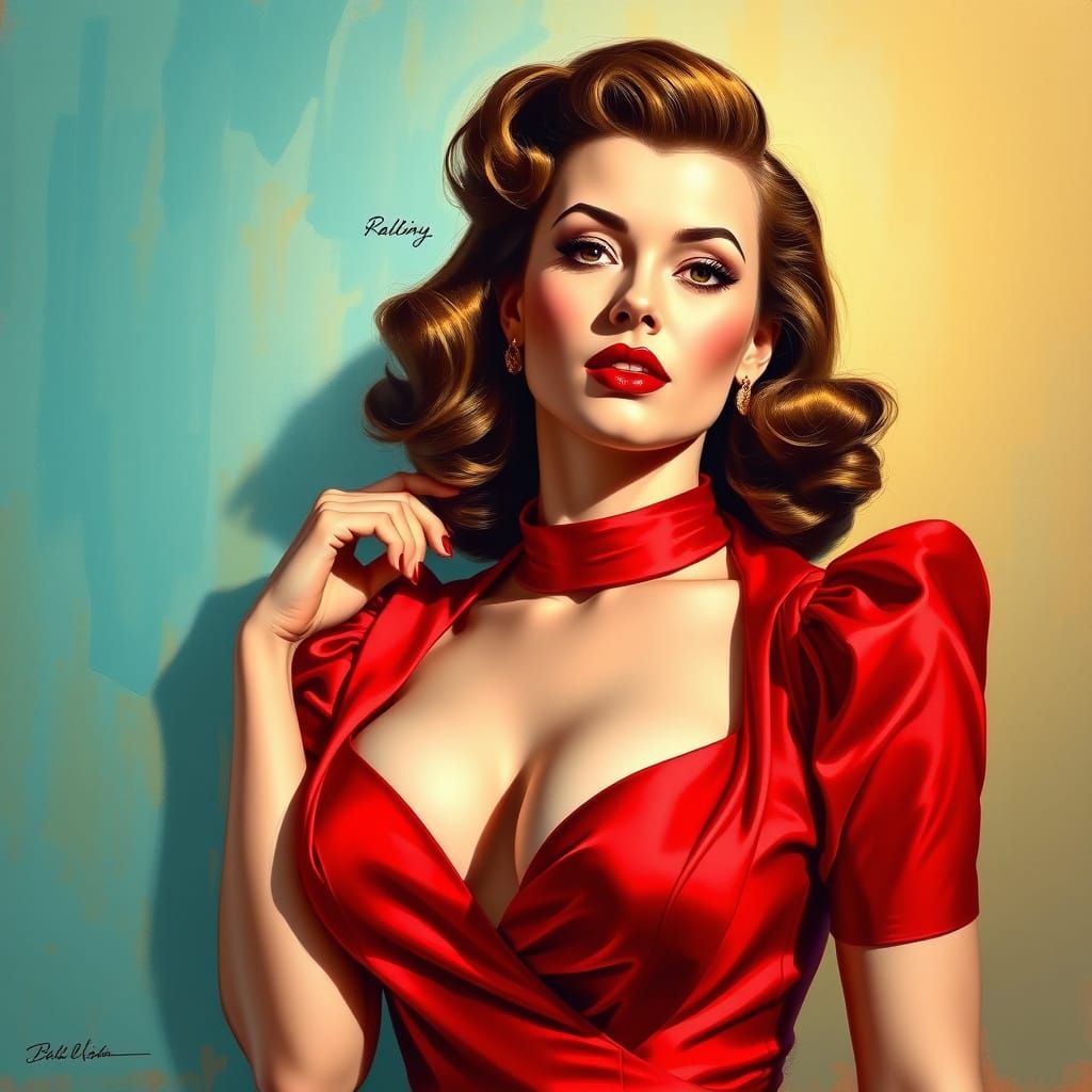Red Satin Pin-Up Portrait in Impressionist Style