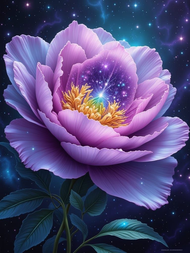 Cosmic Peony Galaxy Illustration in Holographic Style