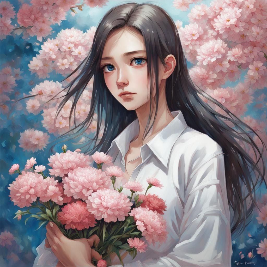 Manga Painting of Woman Holding Flowers