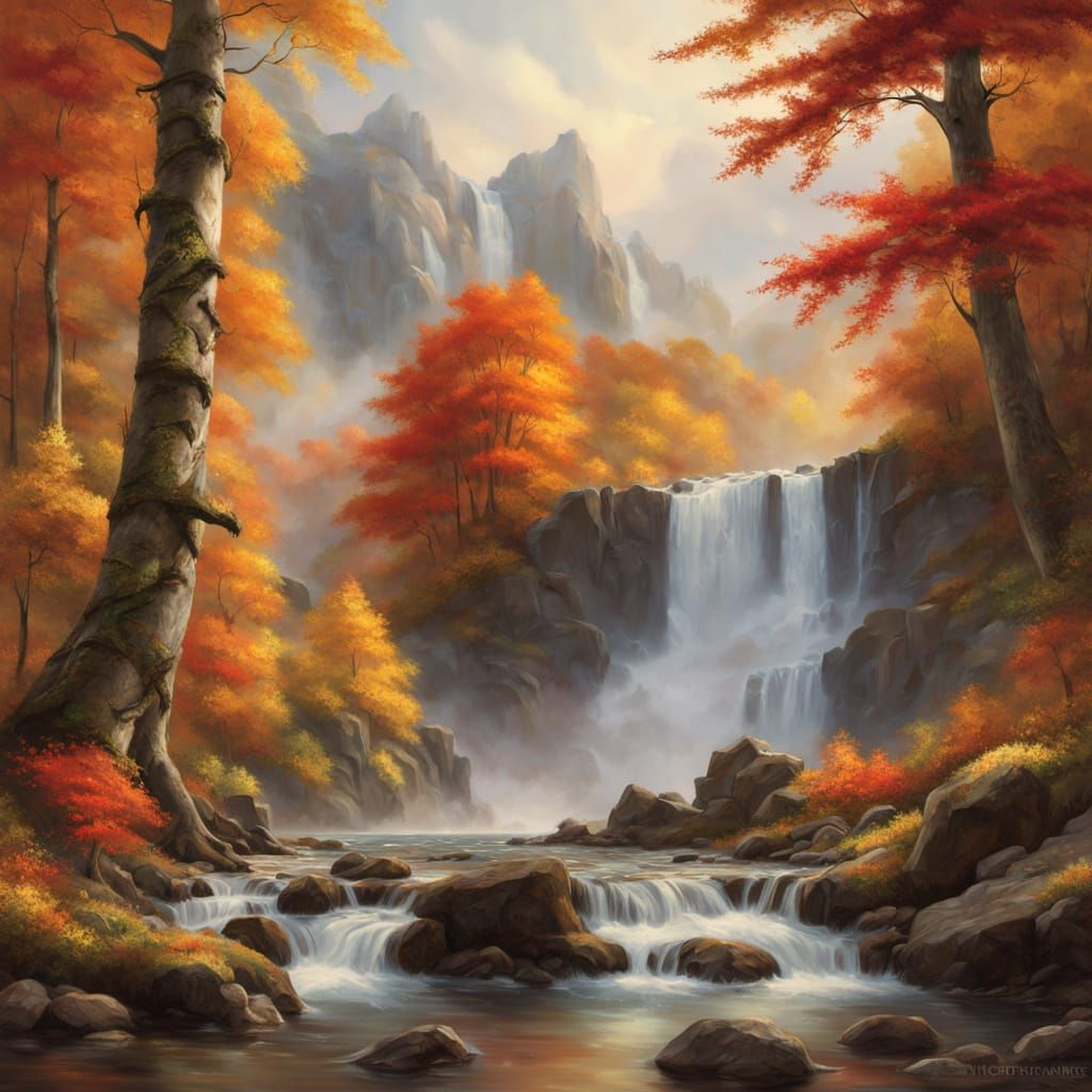 Majestic Autumn Waterfall in Golden Forest