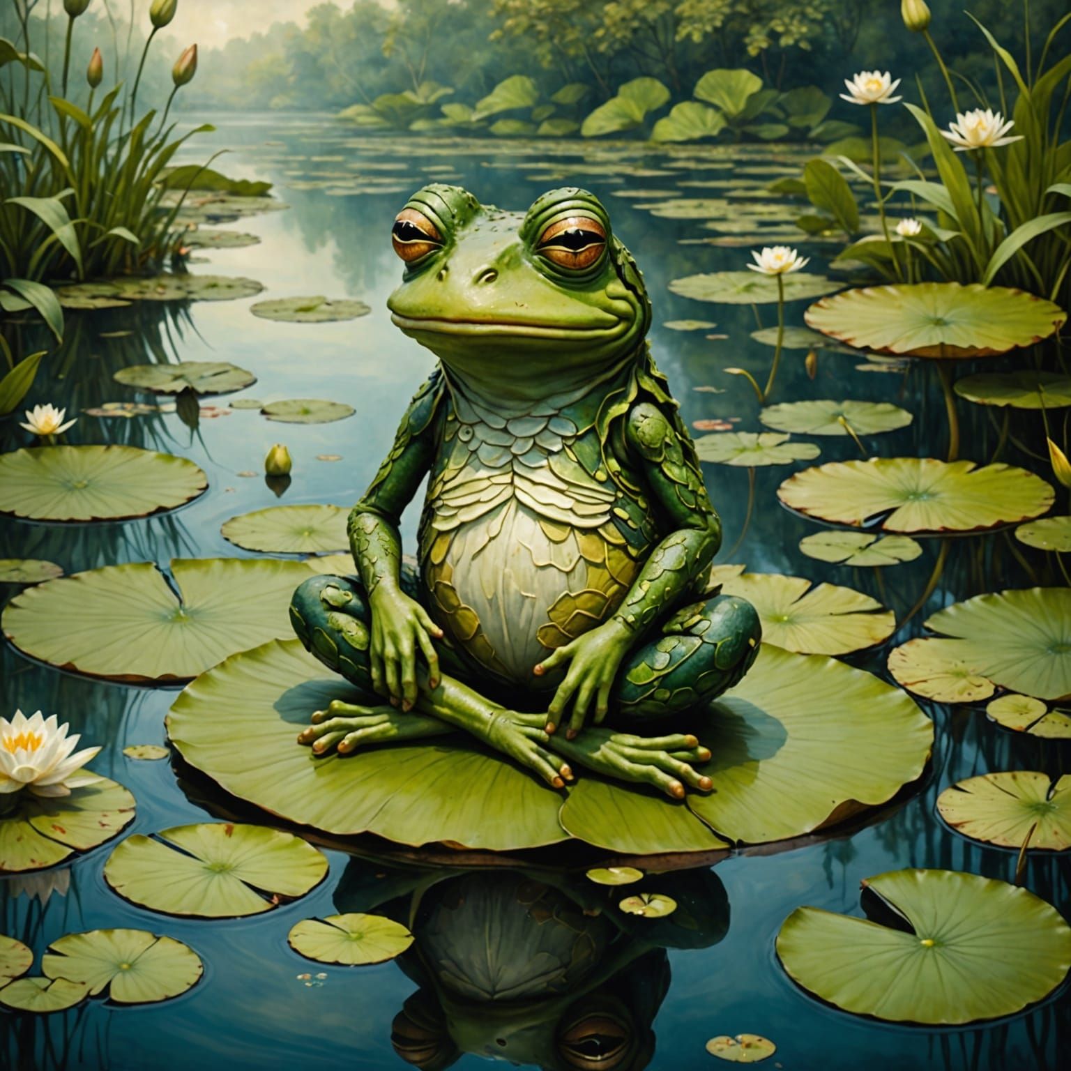 A melancholic Pepe the Frog, his vibrant green skin replaced with a somber, patchwork of muted earth tones, sits alone o...