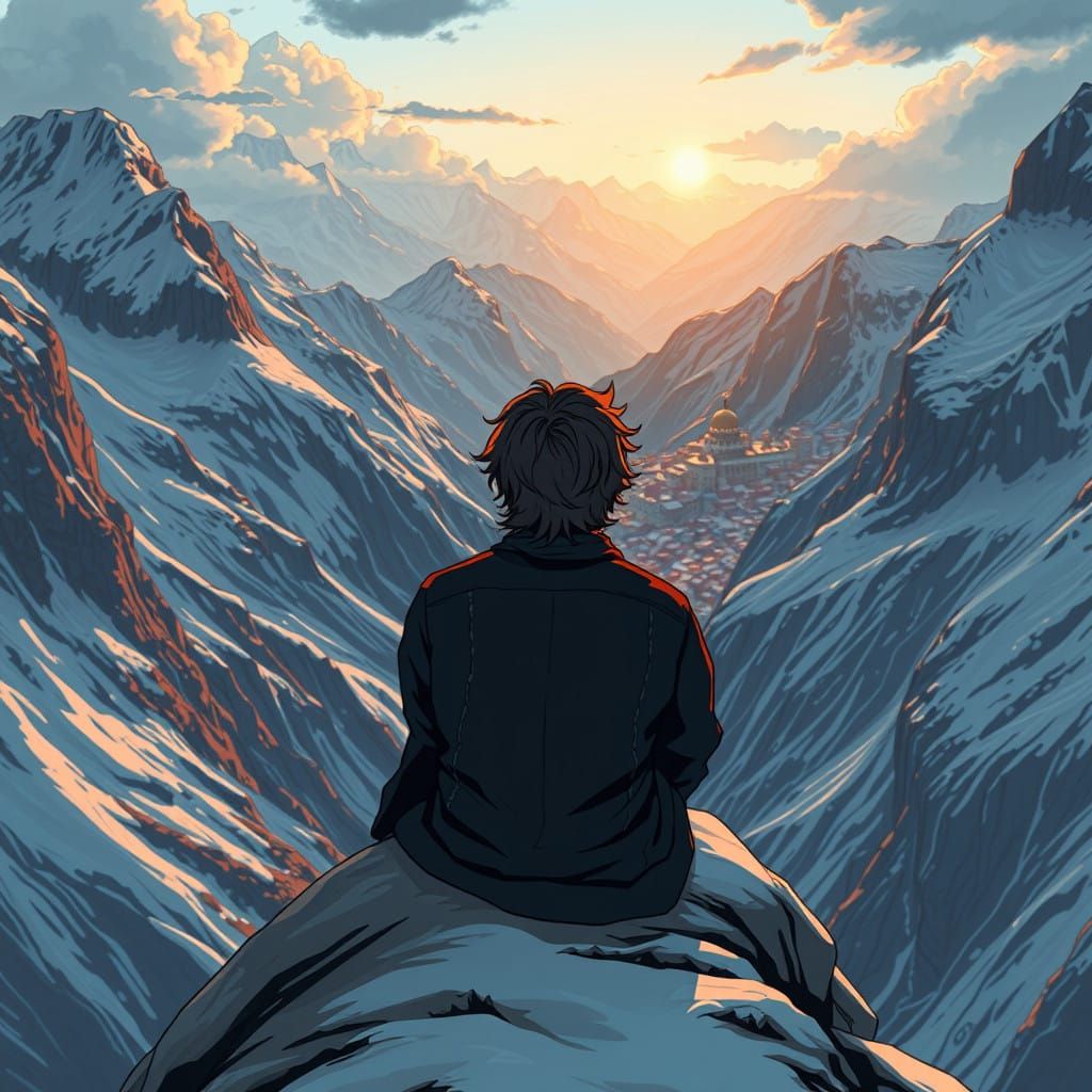 Young Man Contemplates Medieval City on Fire in Snowy Mounta...