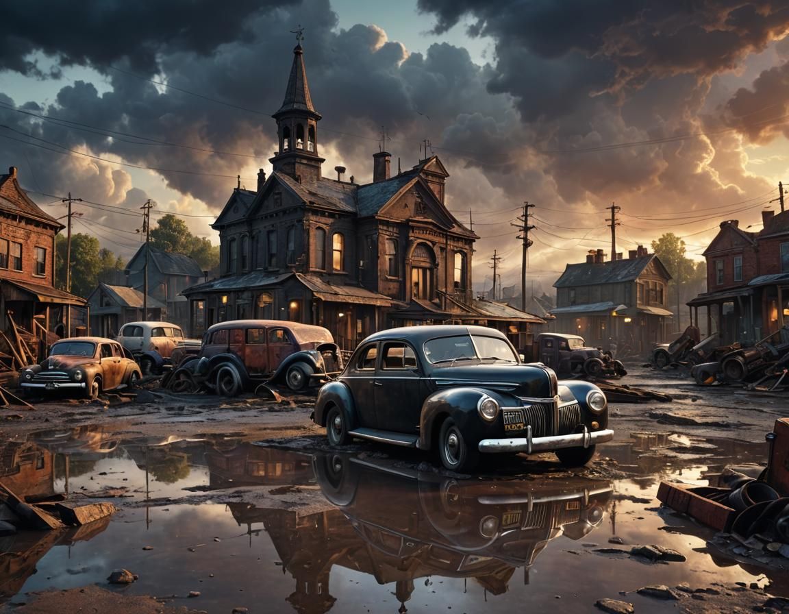 Grimdark Dieselpunk Car Scene at Sunset