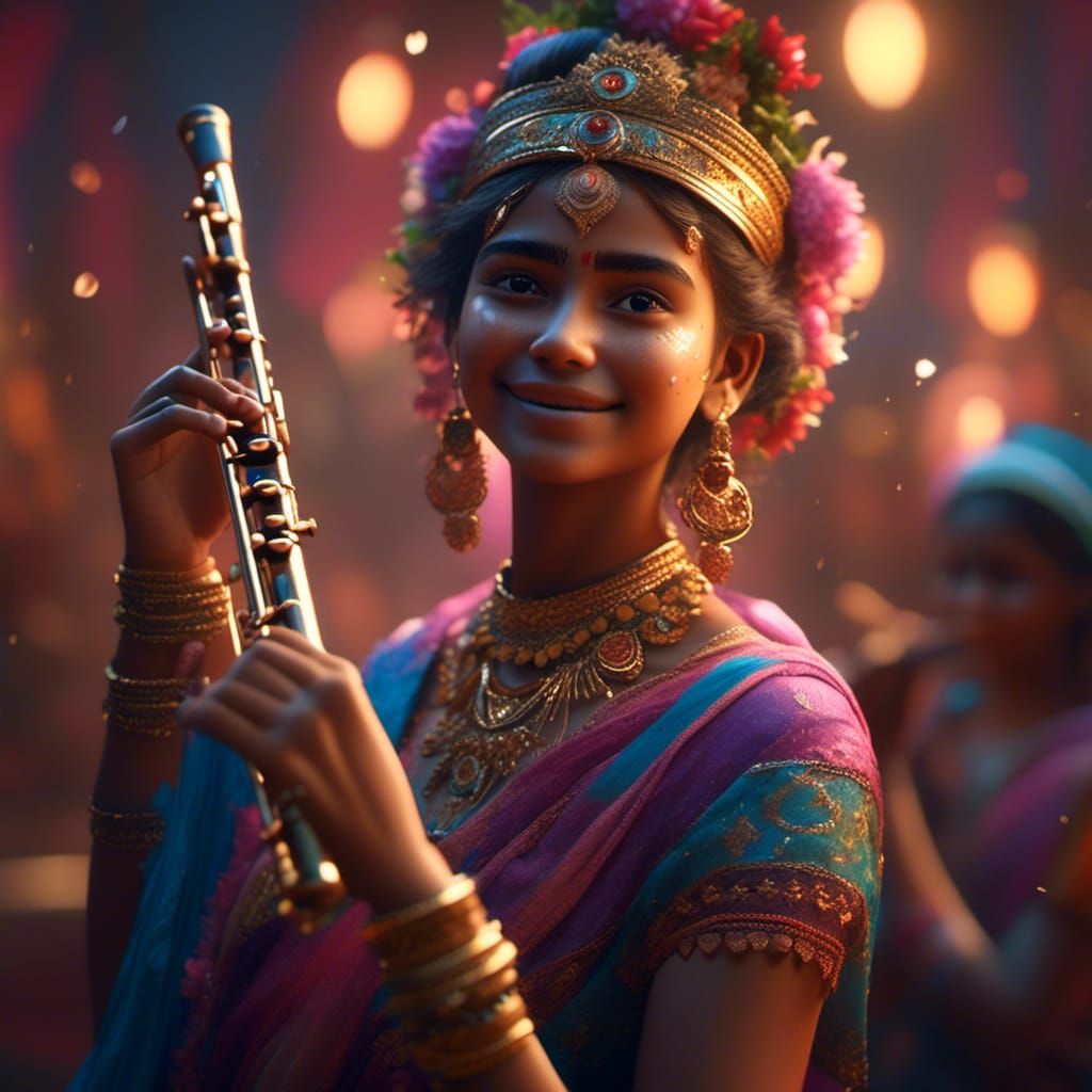 Indian Girl Plays Flute in a 3D Game Cinematic