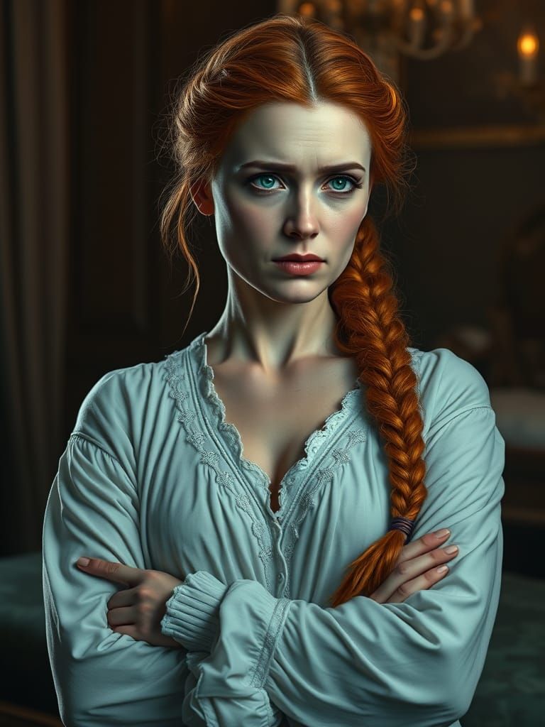 Middle-Aged Woman in 1812 Era Nightgown, Radiating Upset Emo...