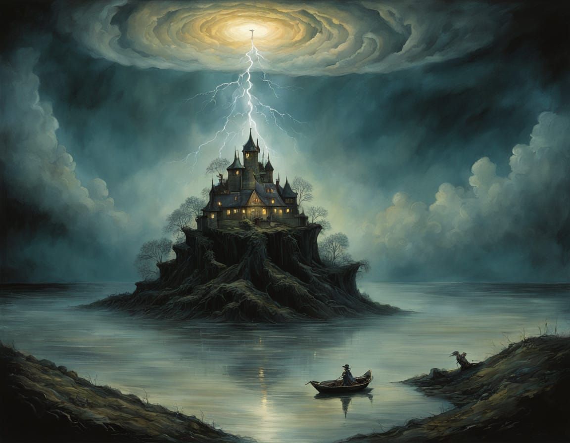 Whimsical Storm Teacup Scene in Dreamlike Watercolor Style