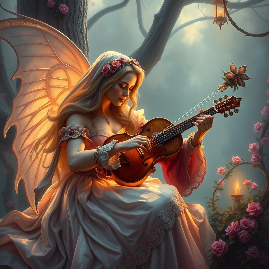 Ethereal Harpist in Magical Fantasy Landscape