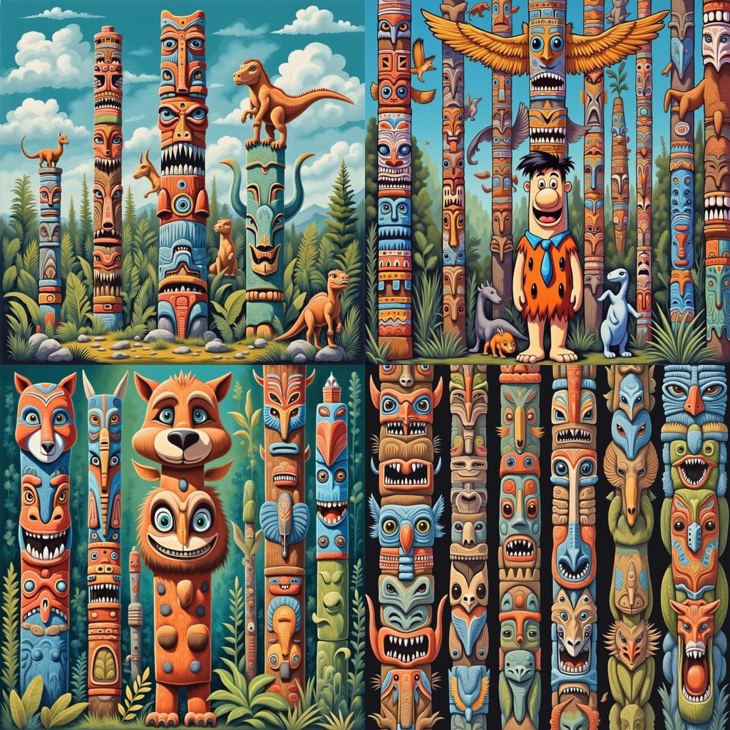 Surreal Totem Pole Features Flintstones and Dinosaurs