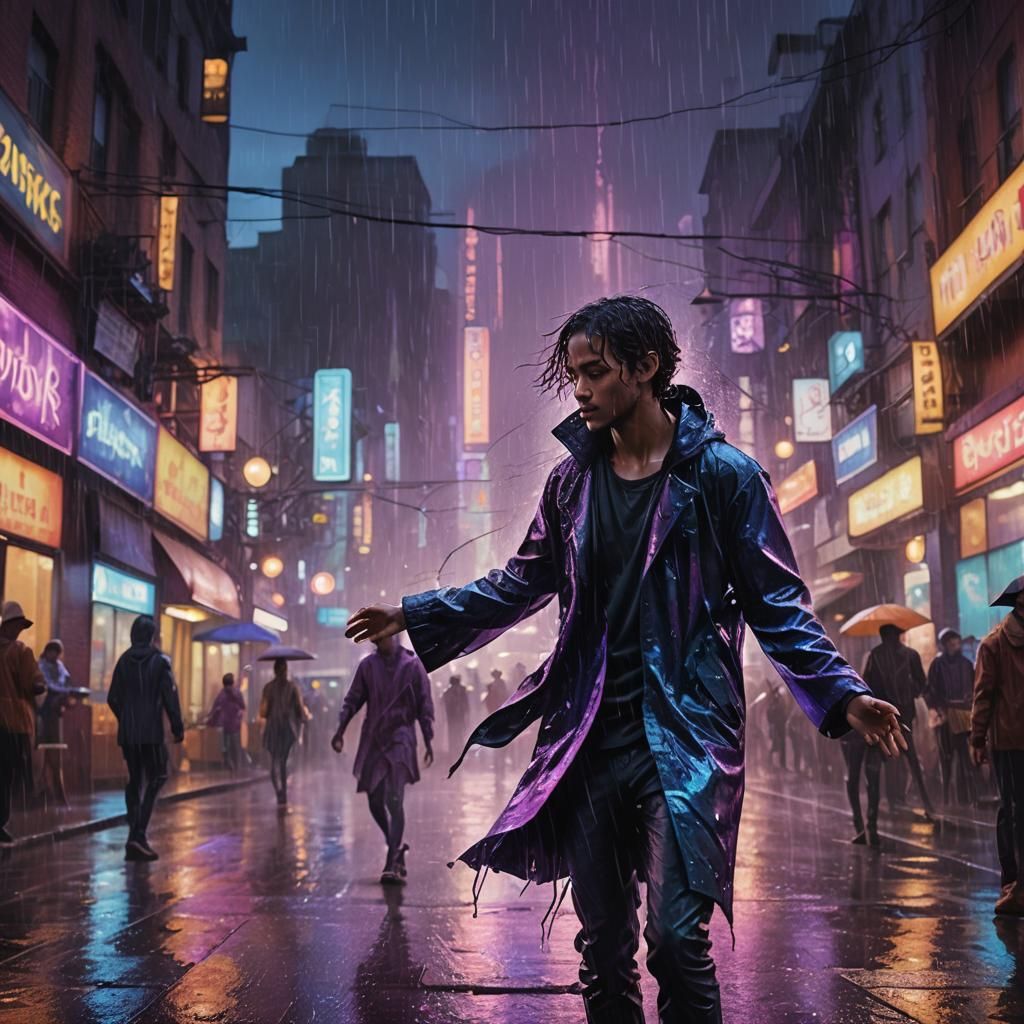 Fantasy Figure Dancing in Rainy City