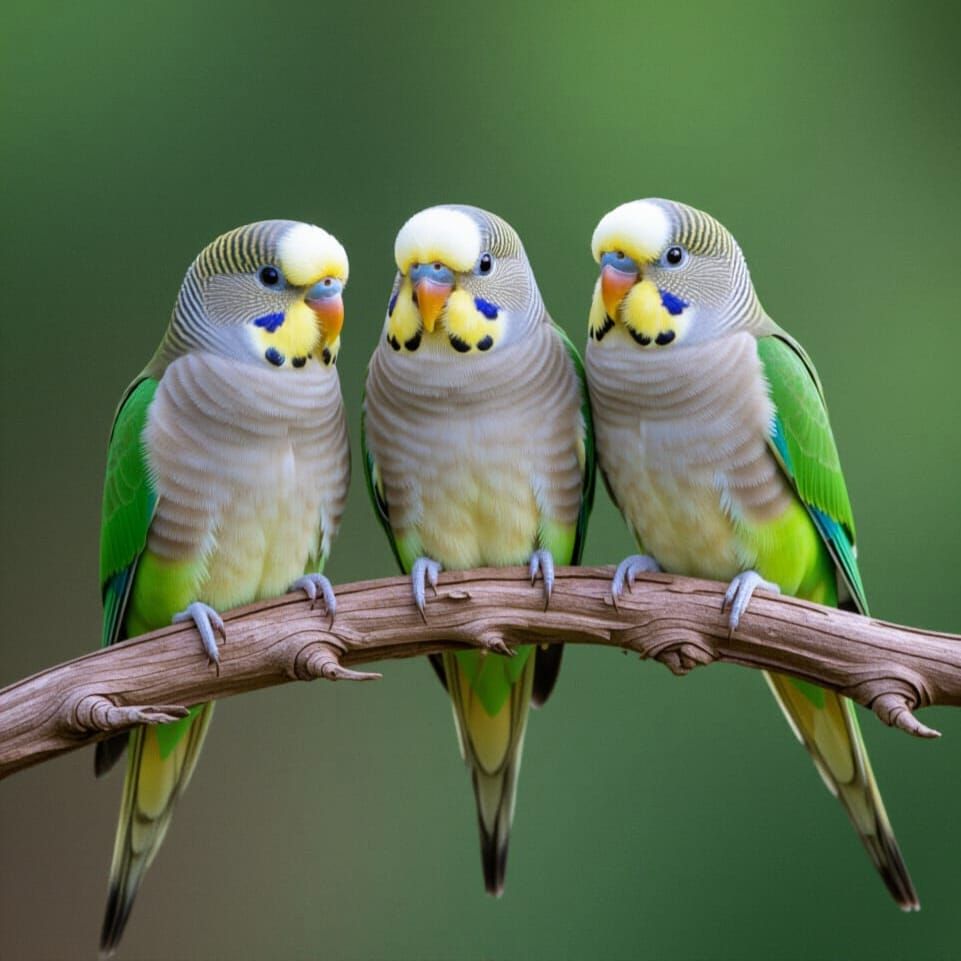 Three budgies sitting on a twig on a tree.