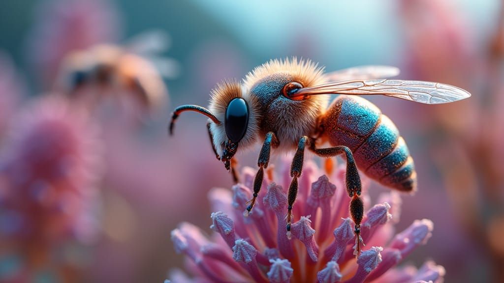 Cybernetic Bees Swarm a Futuristic Meadow in Rose Gold and A...