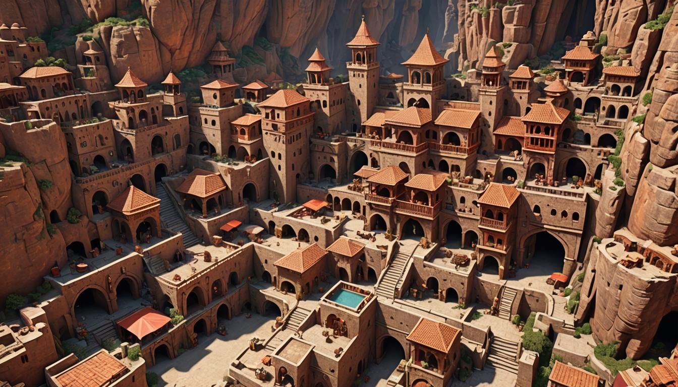 Medieval fantasy kingdom beside a mountain