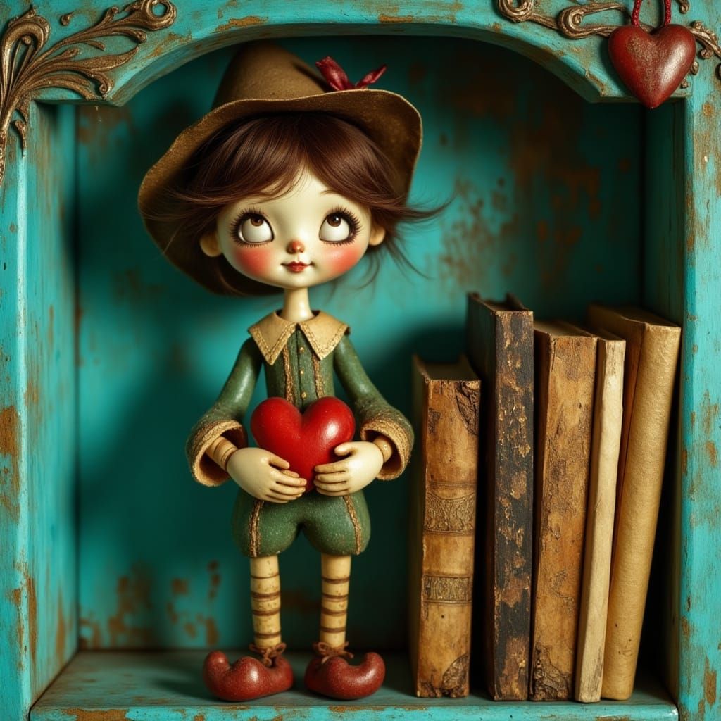 Whimsical Wooden Pinocchio Figurine on Vintage Turquoise She...