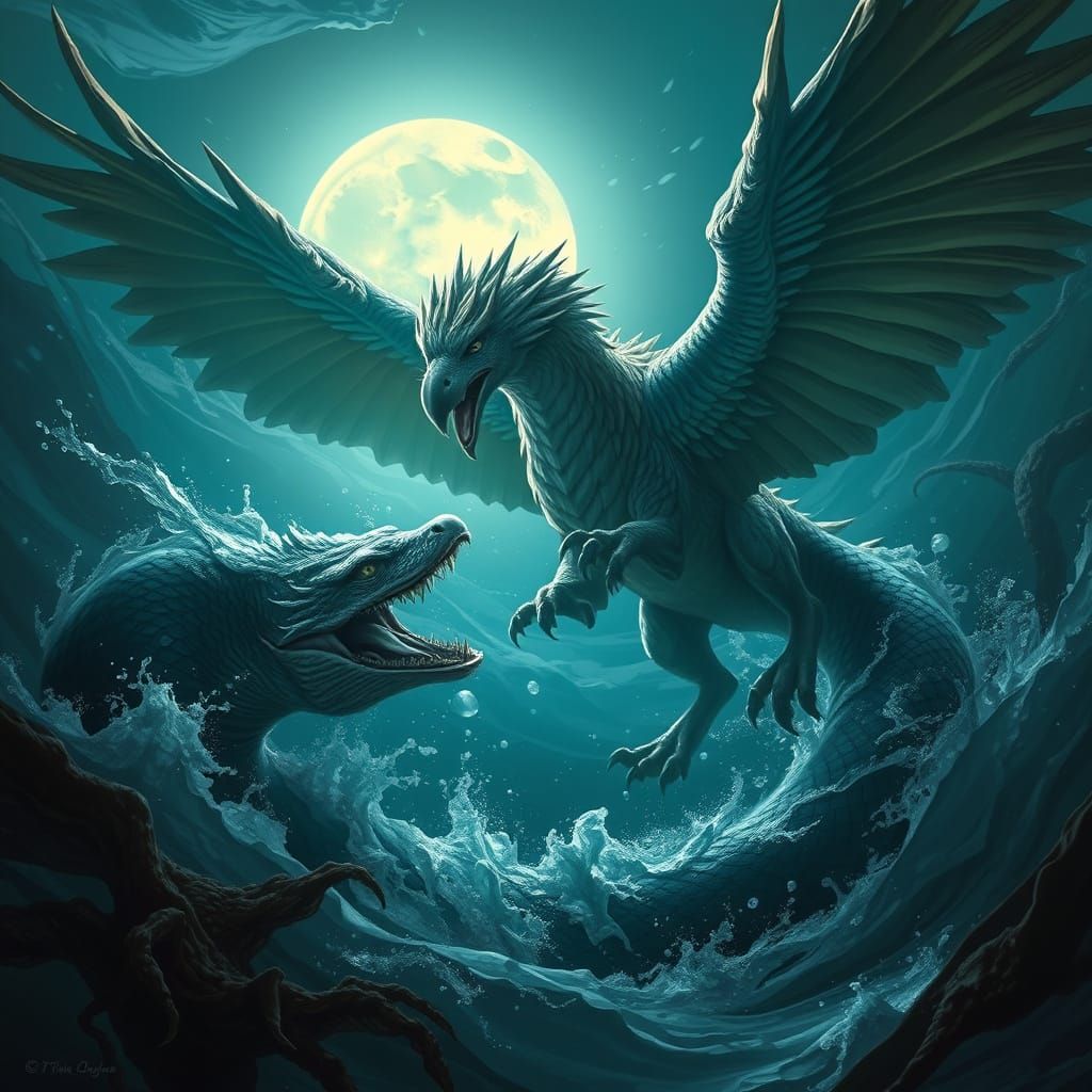 Gryphon Battles Sea Snake Under Moonlit Waves