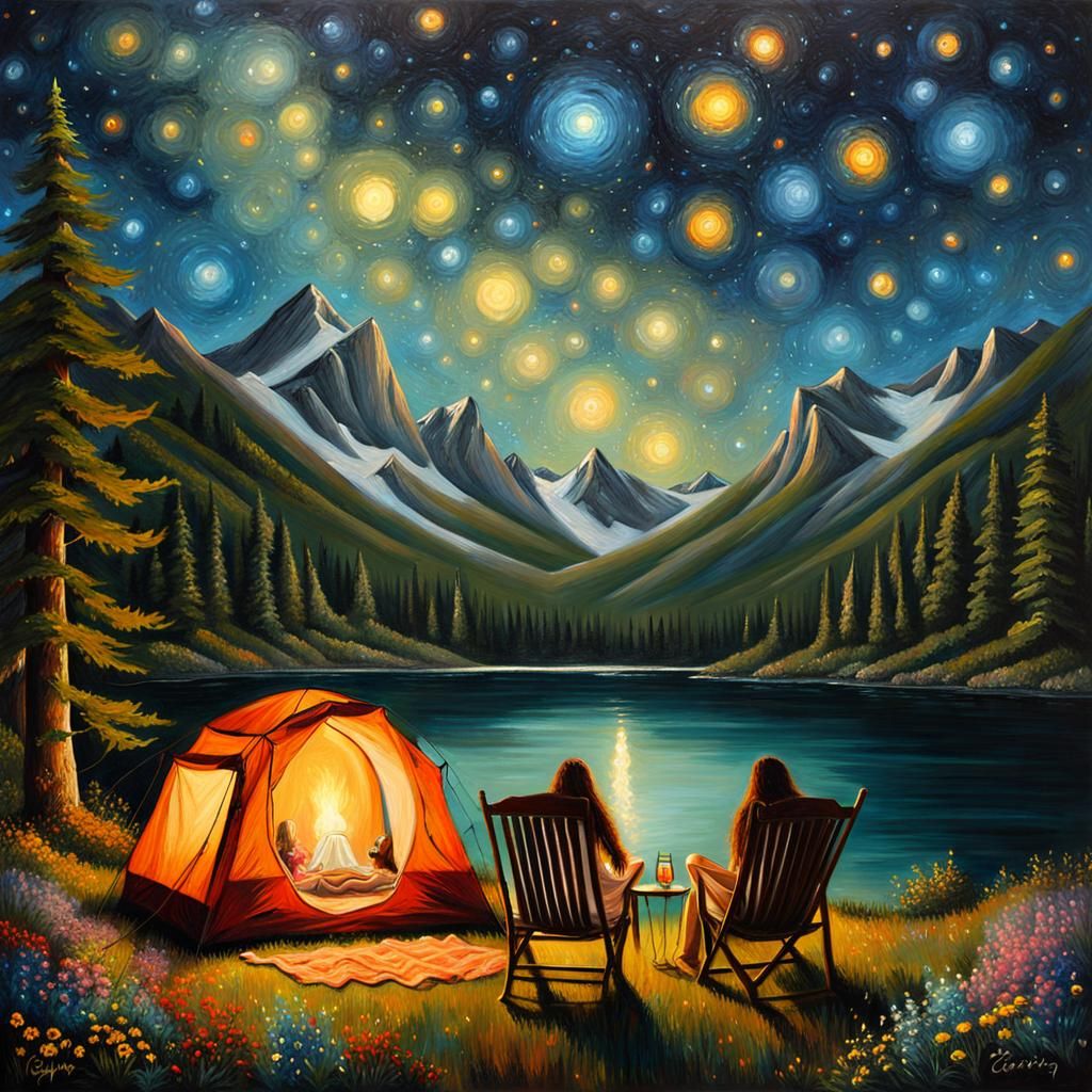 Bohemian Women Camping Under Cosmic Starry Night
