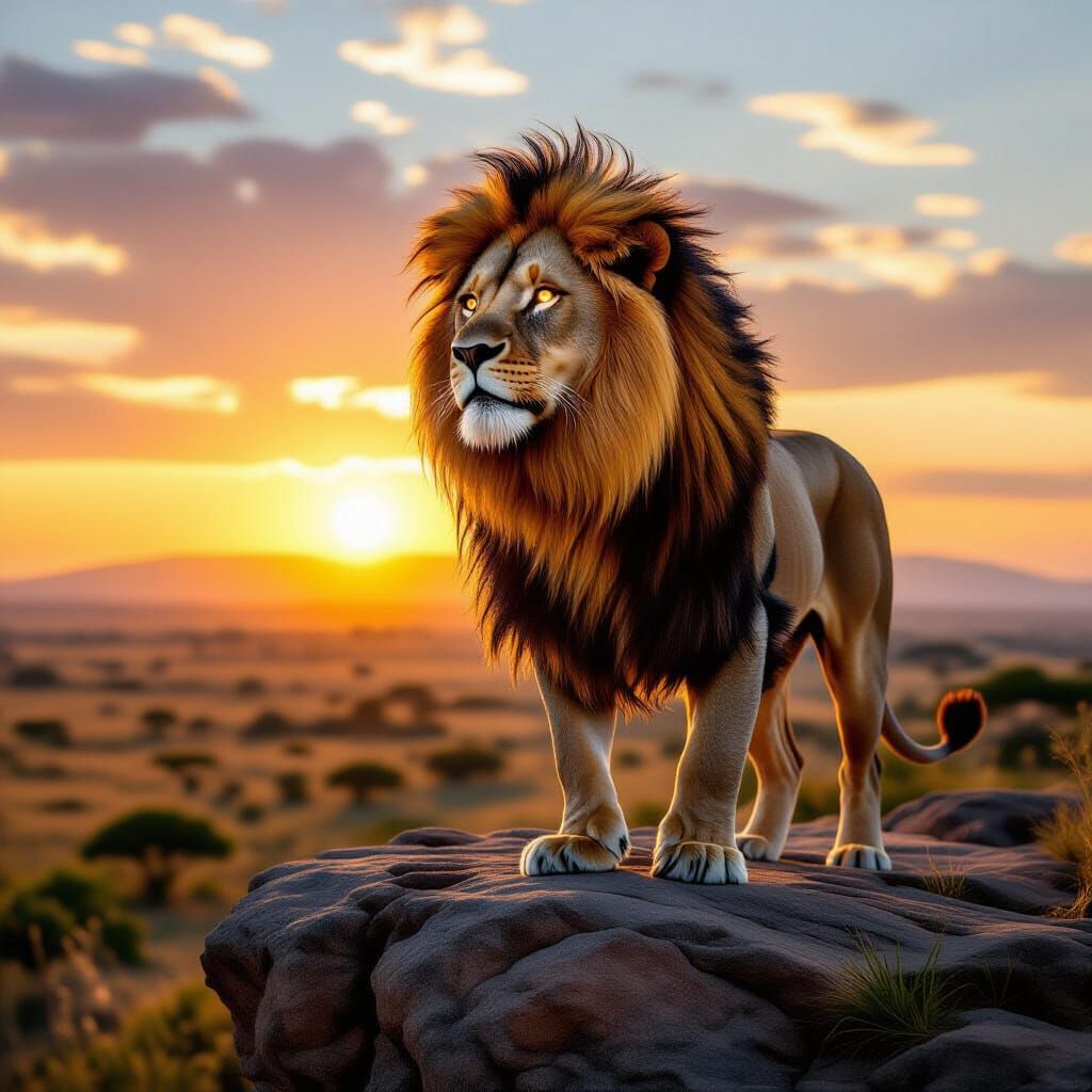 Majestic Lion Overlooking Savanna in Hyperrealistic Style