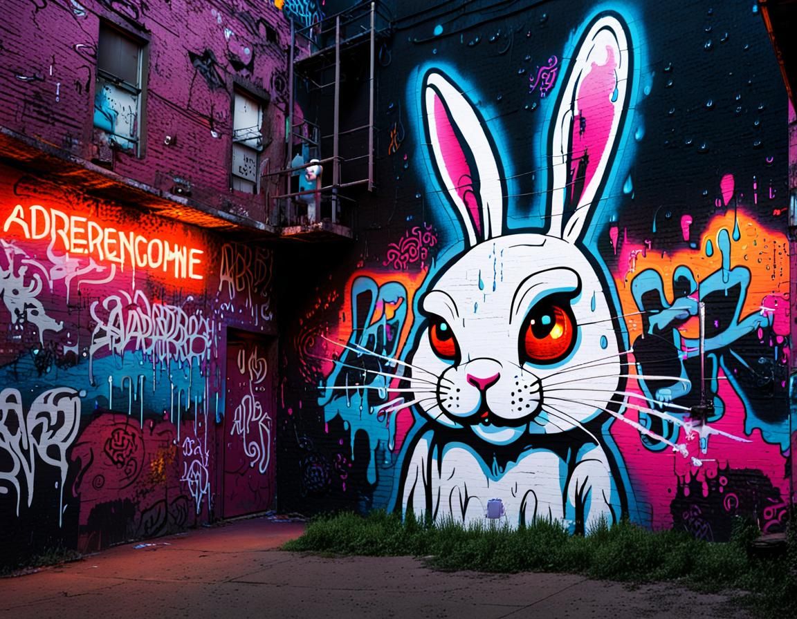 Menacing White Rabbit Mural in Urban Alley
