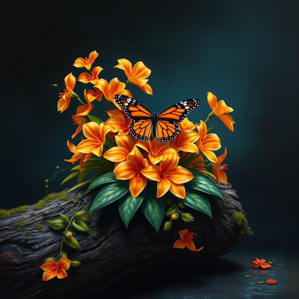 Glowing Floral Tapestry with Monarch Butterfly in Ethereal S...