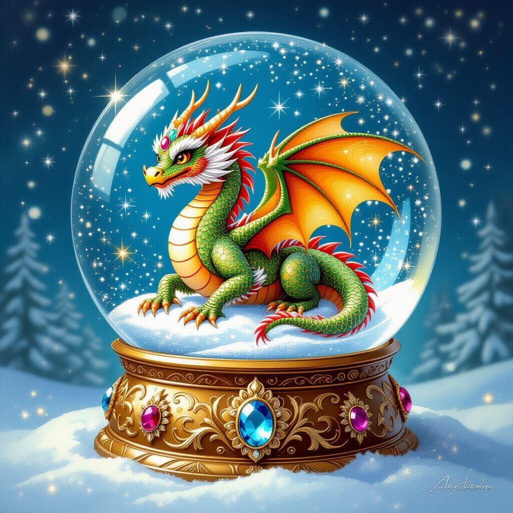 Ornate Snow Globe with Bejeweled Dragon and Glitter